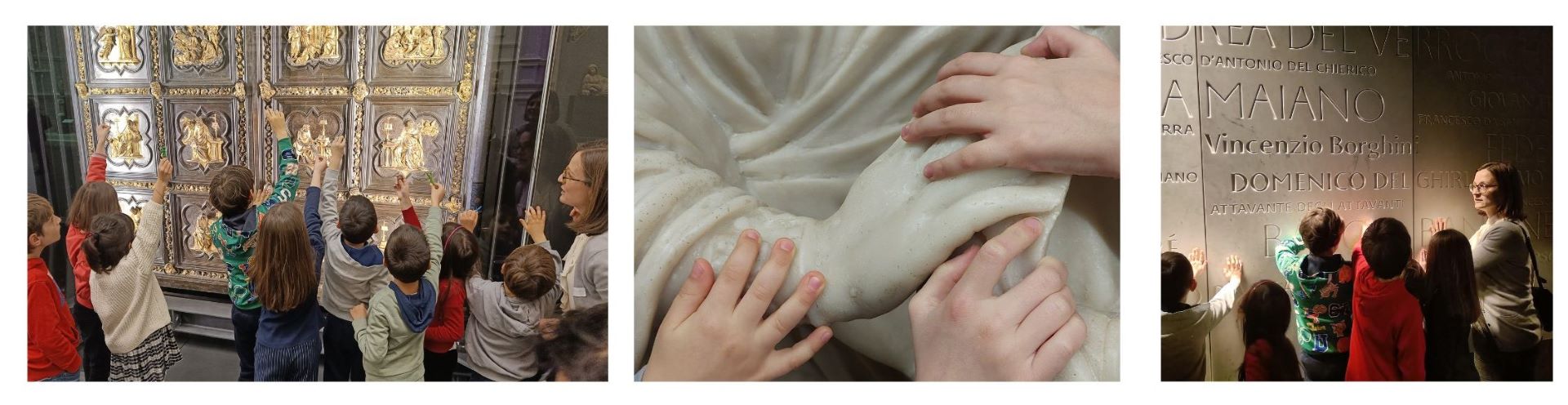 collage di foto di alcuni momenti della nostra visita per bambini e famiglie alla piazza del duomo di Firenze. Il museo dispone di sculture touchable dove i bambini possono toccare le copie delle sculture presenti al museo.