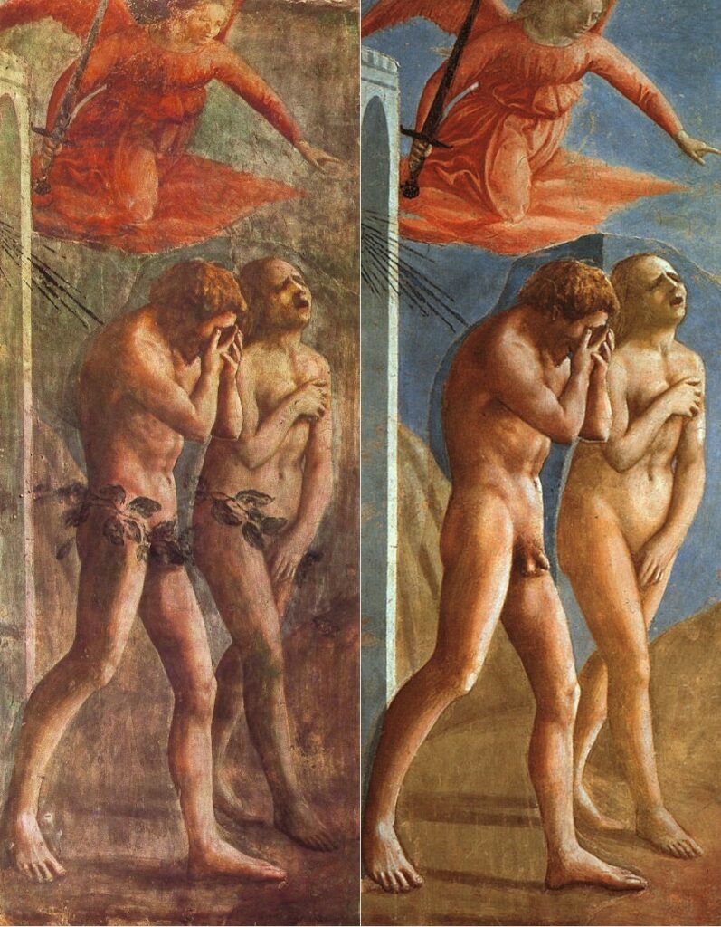 L'immagine proviene da wikipedia e mostra la cacciata dall'Eden di Masaccio nella Cappella Brancacci prima e dopo il restauro